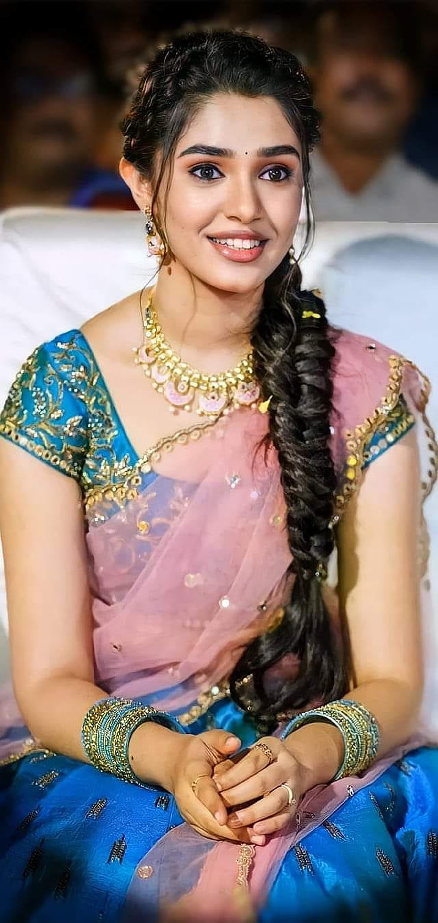 Krithi Shetty in Traditional Blue and Pink Saree with Gold Jewelry and Braid HD phone wallpaper