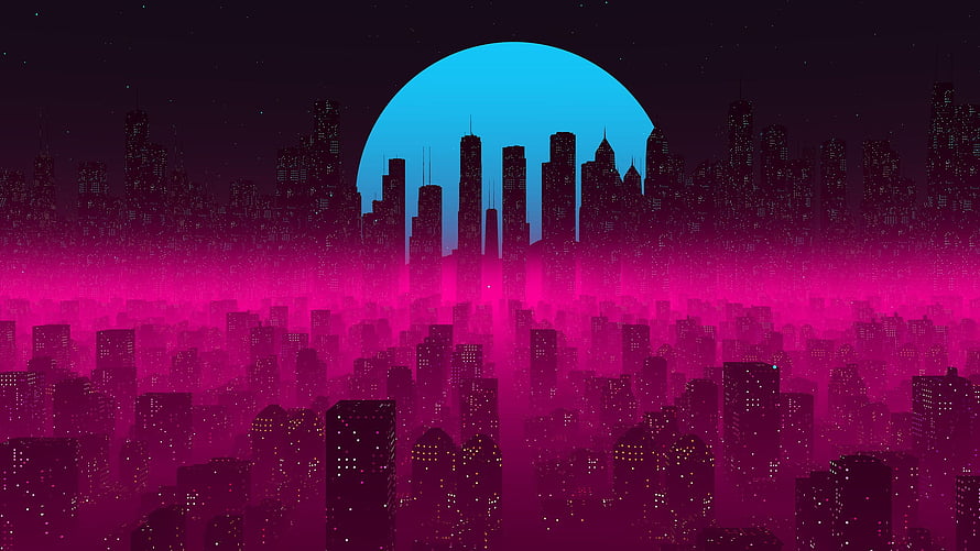 Neon Vaporwave Cityscape with Cyan Moon and Pink Haze Over Dark Skyscrapers HD wallpaper