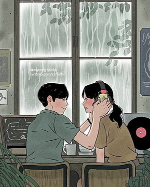 Cozy Anime Couple Sharing Headphones in a Rainy Cafe HD phone wallpaper