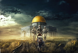 Al Aqsa Mosque with Golden Dome and Soldiers in Dramatic Landscape HD wallpaper