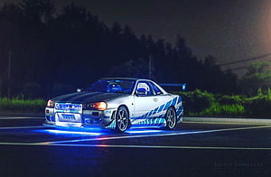 Nissan Skyline GT-R R34 Night Drive with Blue Underglow HD wallpaper