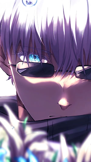 Anime boy with purple hair and glowing blue eye wearing sunglasses HD phone wallpaper