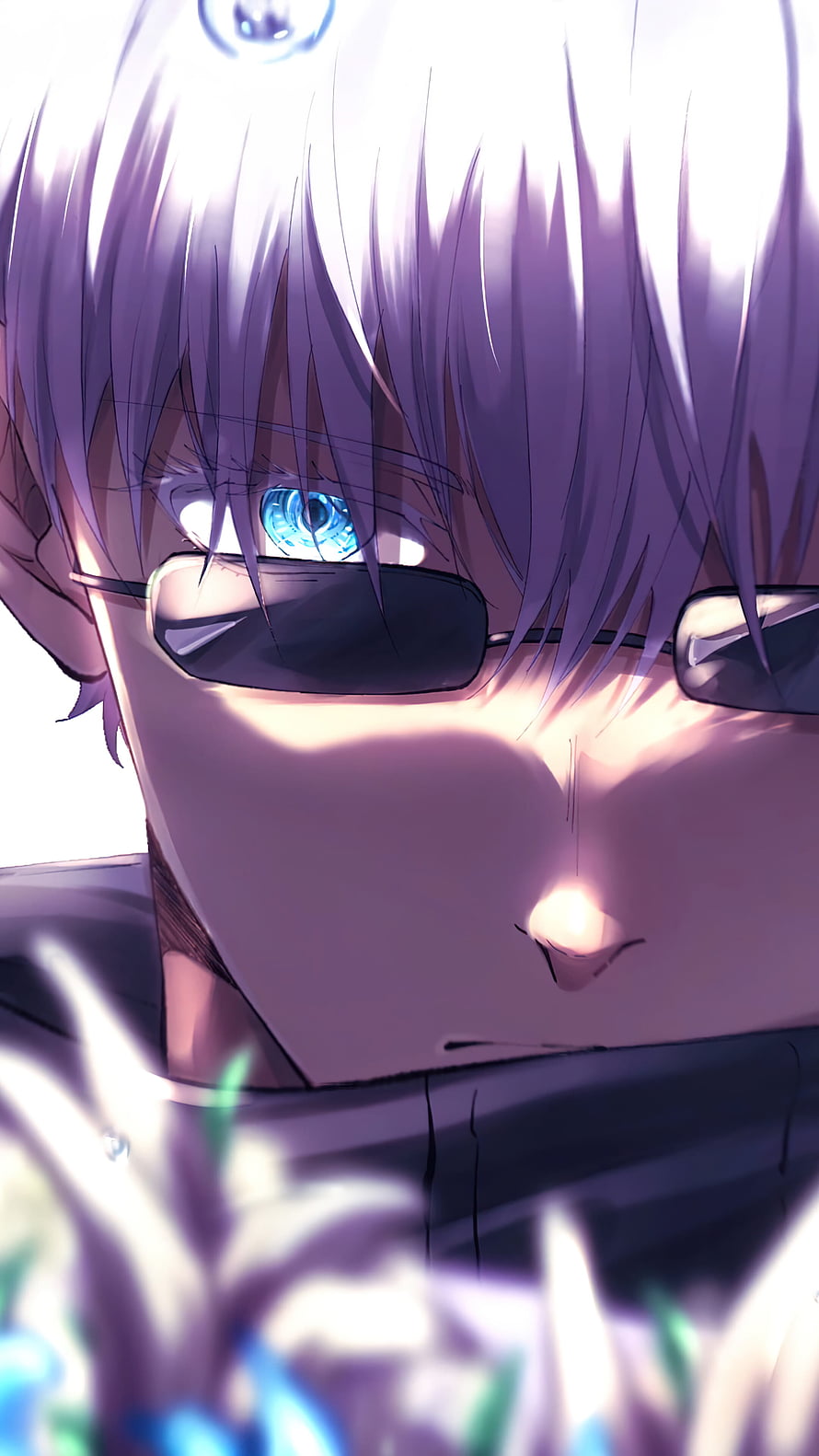 Anime boy with purple hair and glowing blue eye wearing sunglasses HD phone wallpaper