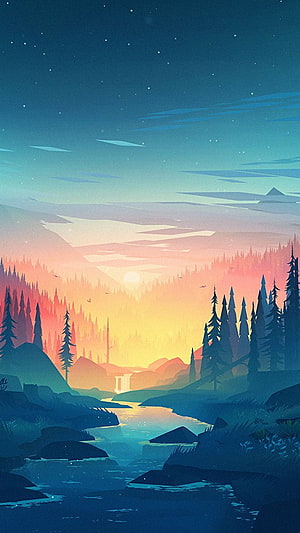 Serene Digital Art Landscape Featuring a River, Pine Forest, and Colorful Sunset Sky HD phone wallpaper