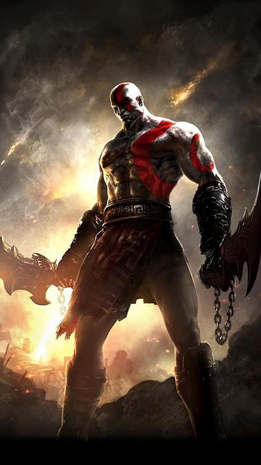 Kratos God of War wielding Blades of Chaos in epic battle scene HD phone wallpaper