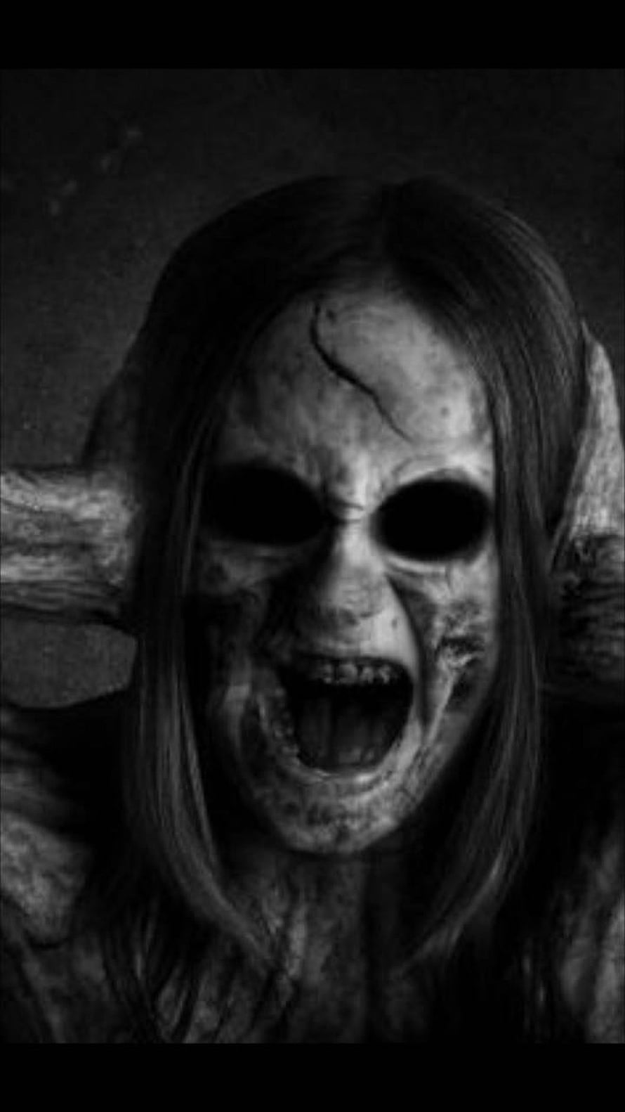 Terrifying Black and White Ghost Portrait with Hollow Eyes and Screaming Mouth HD phone wallpaper