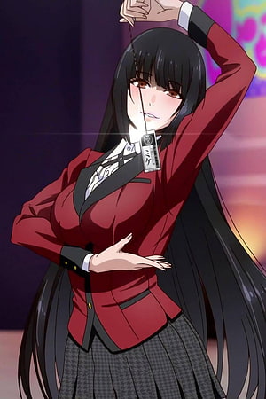 Yumeko Jabami from Kakegurui in Red School Uniform with Long Black Hair HD phone wallpaper