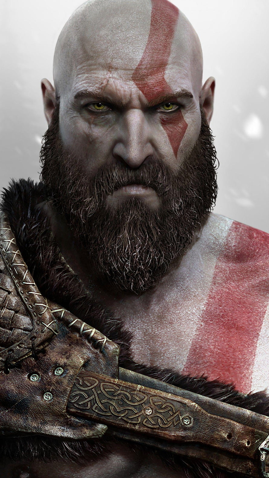 Kratos from God of War Ragnarok intense close-up portrait with red tattoo and leather armor HD phone wallpaper