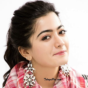 Rashmika Mandanna Portrait in Pink Plaid Scarf with Ornate Silver Earrings HD phone wallpaper