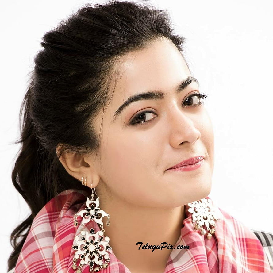 Rashmika Mandanna Portrait in Pink Plaid Scarf with Ornate Silver Earrings HD phone wallpaper