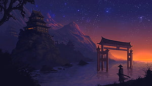 Lone Samurai Standing Before Torii Gate at Twilight in Sekiro Style HD wallpaper