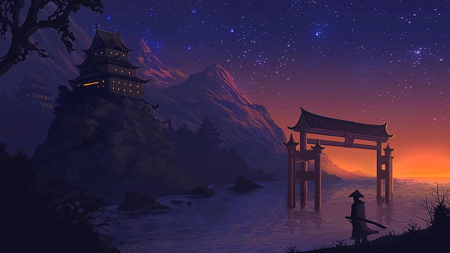 Lone Samurai Standing Before Torii Gate at Twilight in Sekiro Style HD wallpaper
