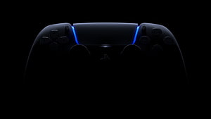 PlayStation 5 DualSense Controller with Blue Light Strip on Black Background HD wallpaper