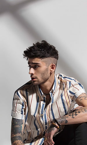 Zayn Malik Studio Portrait in Striped Shirt with Tattoos and Modern Fade HD phone wallpaper
