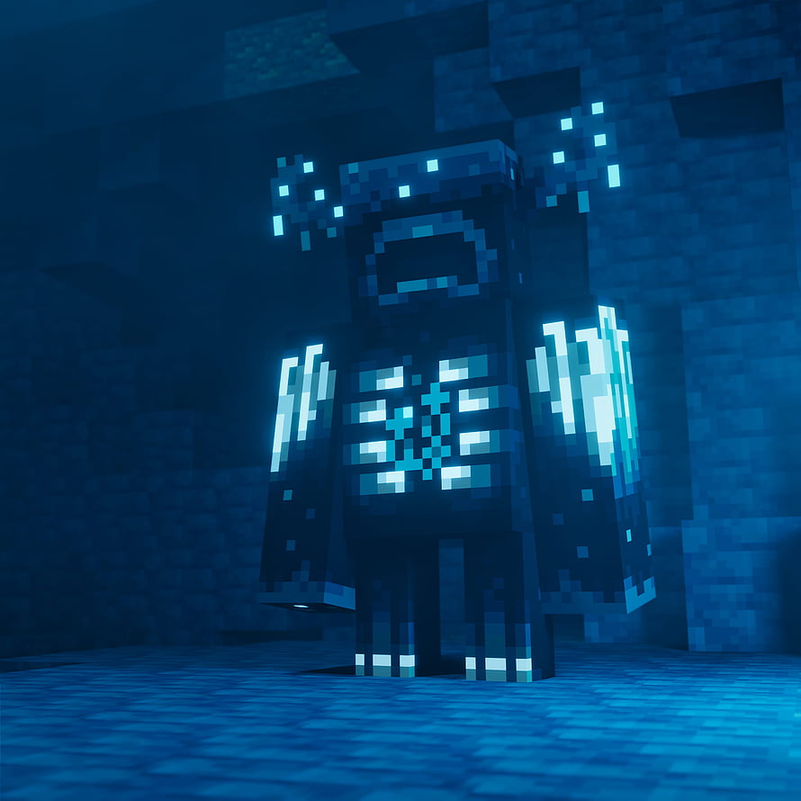 Minecraft Warden Mob in Dark Caves with Glowing Blue Patterns and Blocky Texture HD phone wallpaper