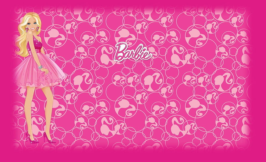 Barbie Doll in Pink Dress with Signature Logo on Patterned Background HD wallpaper
