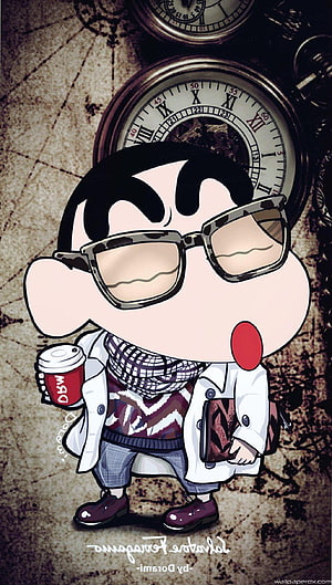 Crayon Shin-chan in Stylish Streetwear Holding Coffee Against Vintage Clock Background HD phone wallpaper