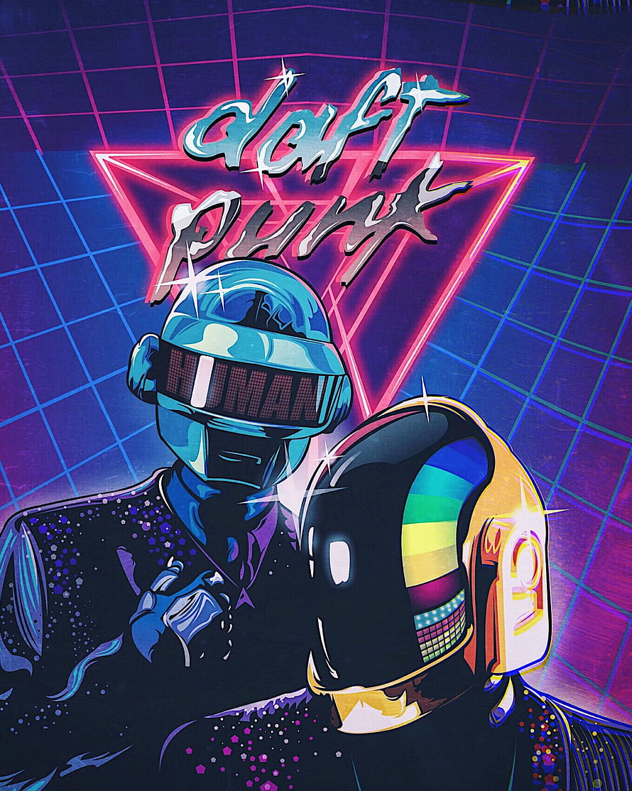 Daft Punk Neon Retro Wave Poster with Iconic Robot Helmets and Glowing Grid Background HD phone wallpaper