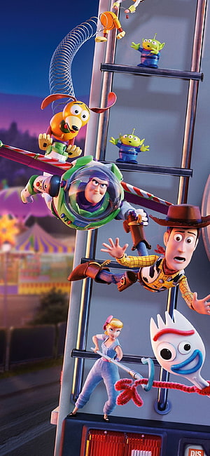 Toy Story 4 Characters Climbing Carnival Ladder at Sunset HD phone wallpaper