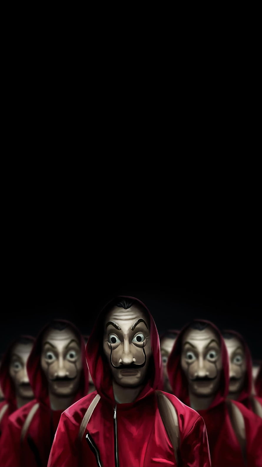 Money Heist Dali Mask Characters in Red Hoodies Against Black Background HD phone wallpaper