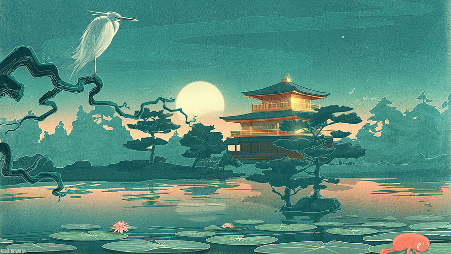Japanese Pagoda and Heron at Moonrise Over Lotus Pond HD wallpaper