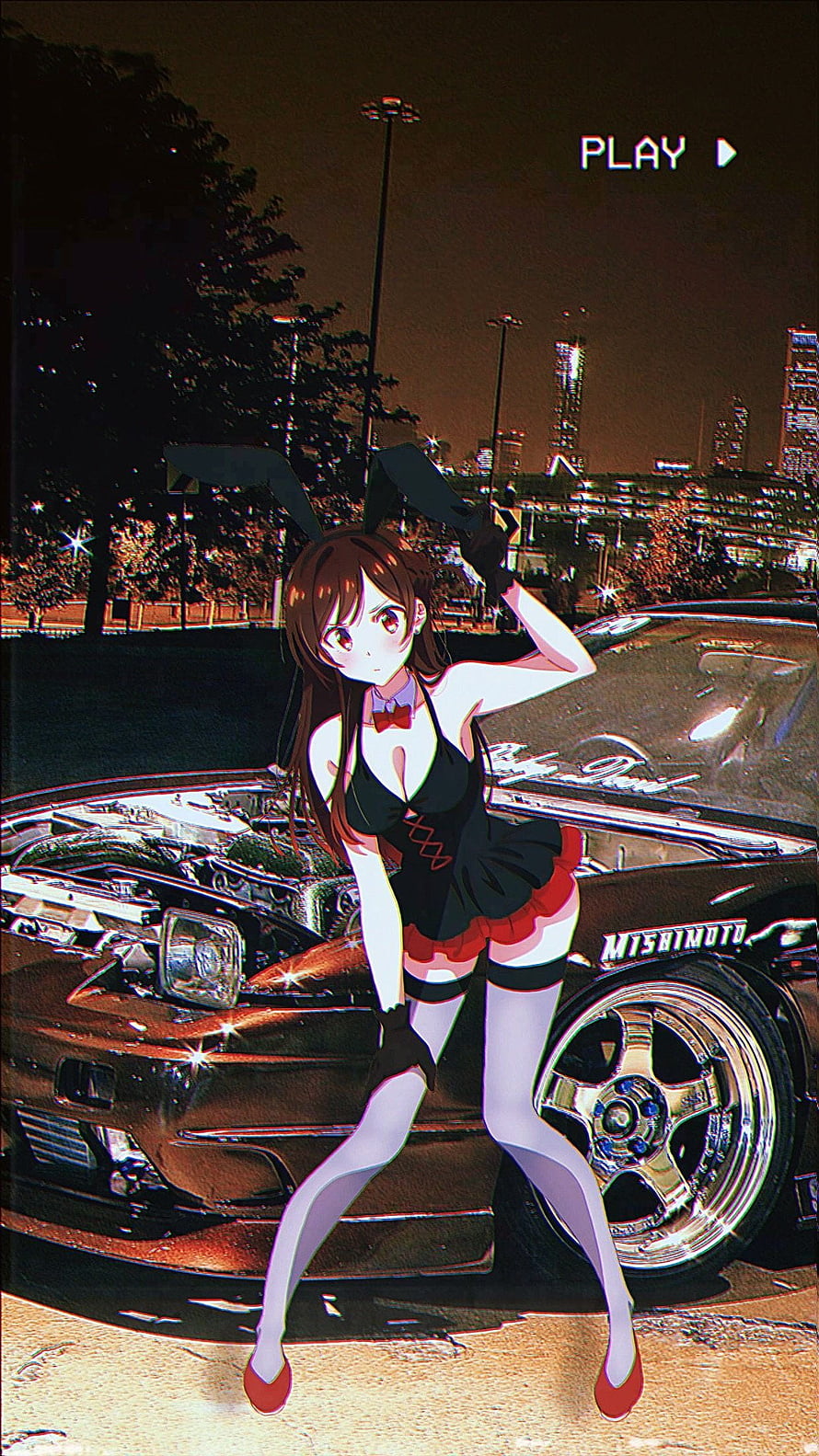 Anime girl in bunny outfit posing with a JDM car at night HD phone wallpaper