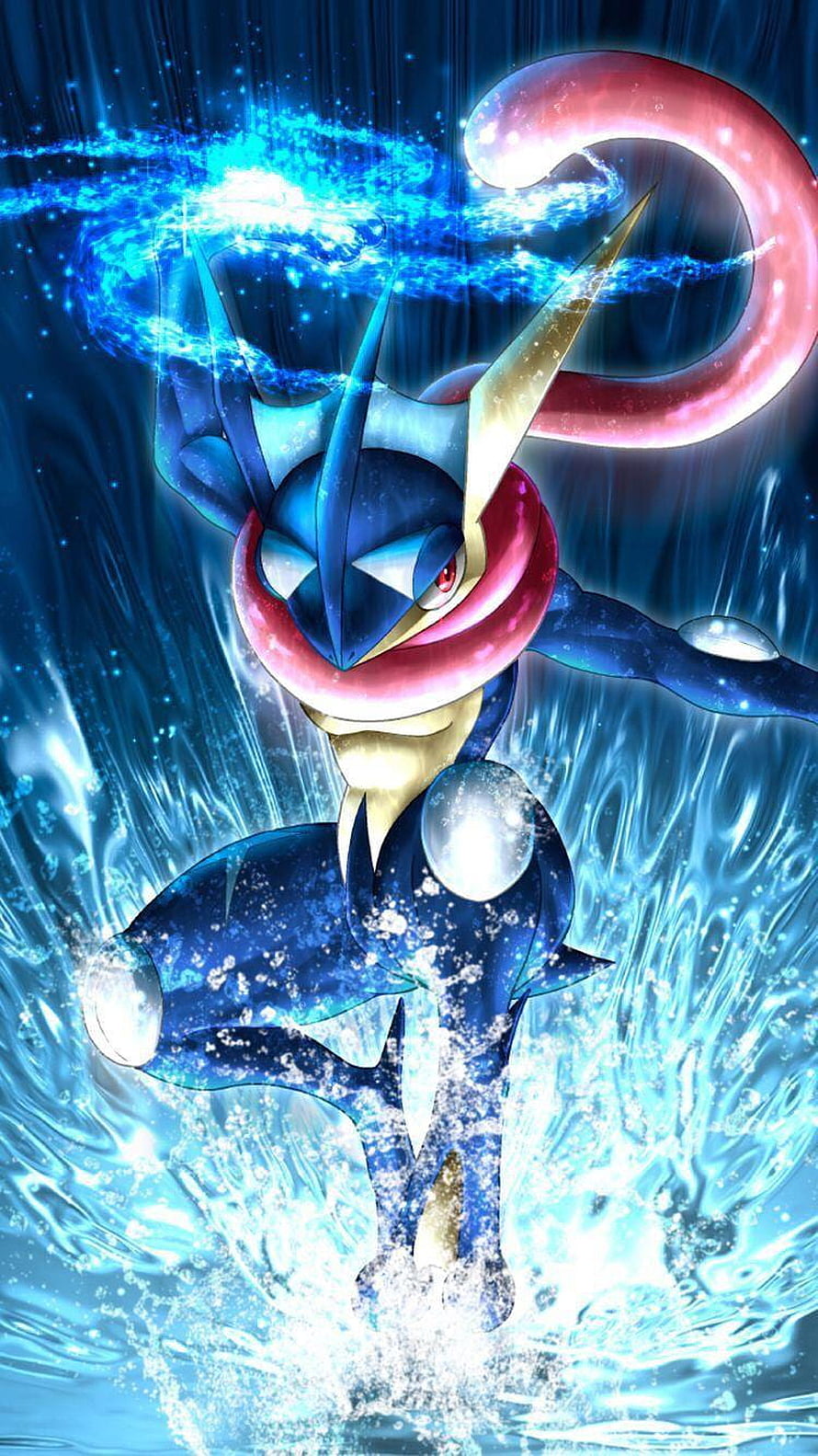 Greninja channeling water energy in a dynamic blue splash with glowing effects HD phone wallpaper