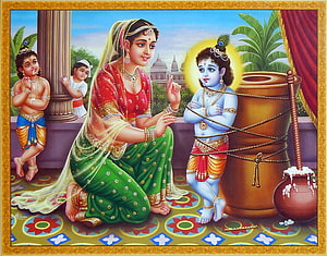 Yashoda and Baby Krishna in Traditional Indian Temple Art HD wallpaper