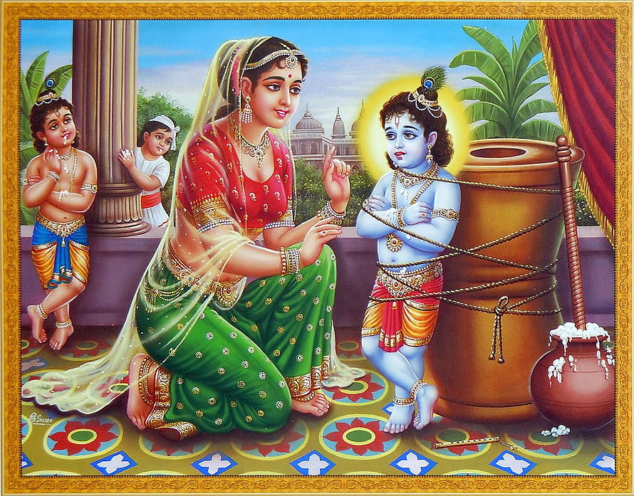 Yashoda and Baby Krishna in Traditional Indian Temple Art HD wallpaper