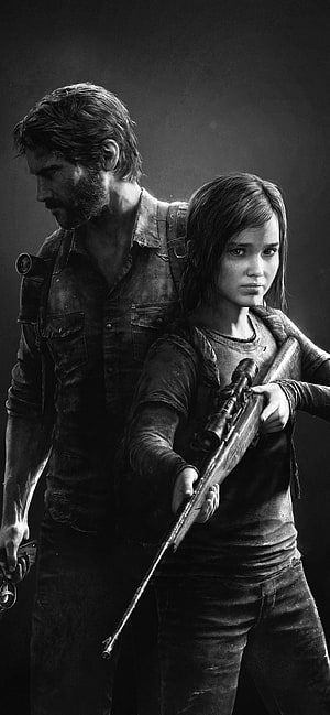 The Last of Us Black and White Artwork Featuring Joel and Ellie with Weapons HD phone wallpaper