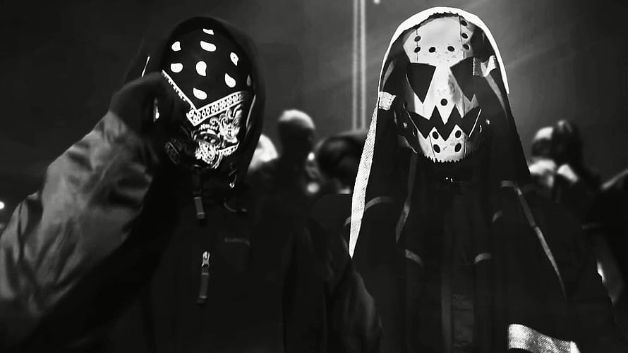 Black and white photo of two masked figures in hooded jackets at a nighttime event HD wallpaper
