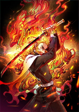 Kyojuro Rengoku Wielding Katana in Fiery Demon Slayer Anime Artwork HD phone wallpaper