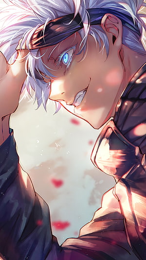 Anime Character With White Hair And Blue Eyes Smiling In Warm Light HD phone wallpaper