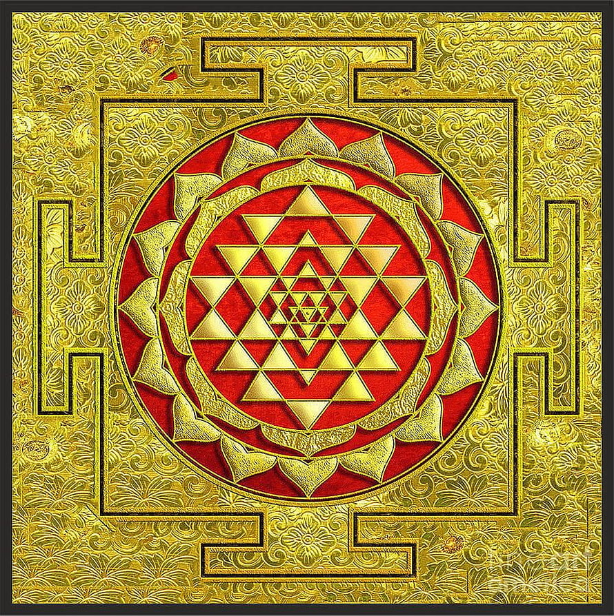 Laxmi Kuber Yantra Sacred Geometry with Gold Triangles on Red Lotus Background HD phone wallpaper