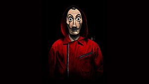 Money Heist Character in Red Hoodie and Salvador Dali Mask on Black Background HD wallpaper