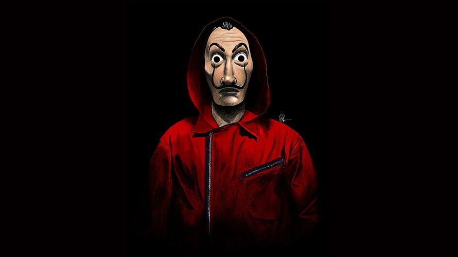 Money Heist Character in Red Hoodie and Salvador Dali Mask on Black Background HD wallpaper