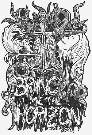 Bring Me The Horizon Black and White Ink Illustration with Cross and Tentacles HD phone wallpaper