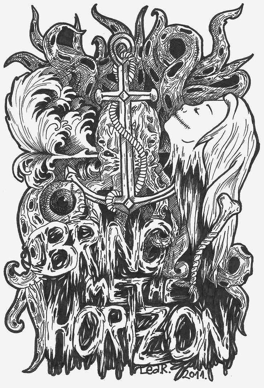 Bring Me The Horizon Black and White Ink Illustration with Cross and Tentacles HD phone wallpaper