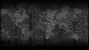 Dark World Time Zones Map with Red Prime Meridian Line and Country Labels HD wallpaper