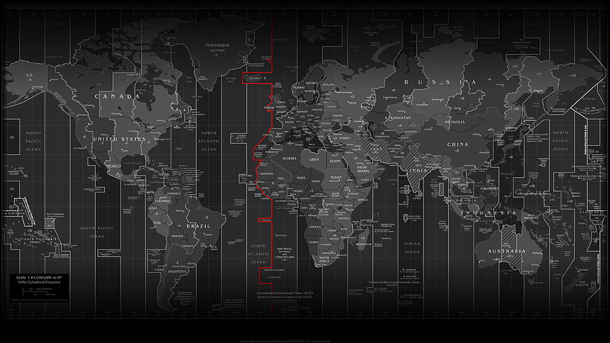 Dark World Time Zones Map with Red Prime Meridian Line and Country Labels HD wallpaper