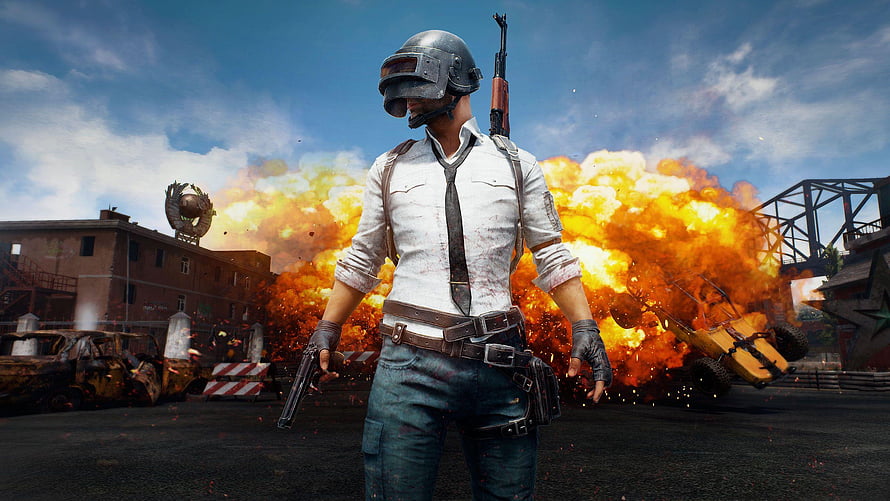 PlayerUnknown's Battlegrounds Soldier in White Shirt with Pistol and Rifle Amidst Explosions HD wallpaper