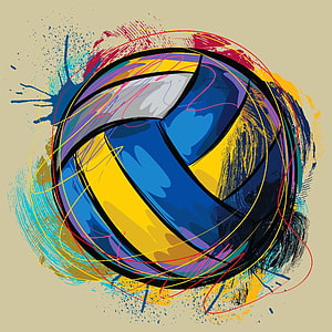 Vibrant Abstract Volleyball Illustration with Dynamic Paint Splashes and Swirling Lines HD phone wallpaper