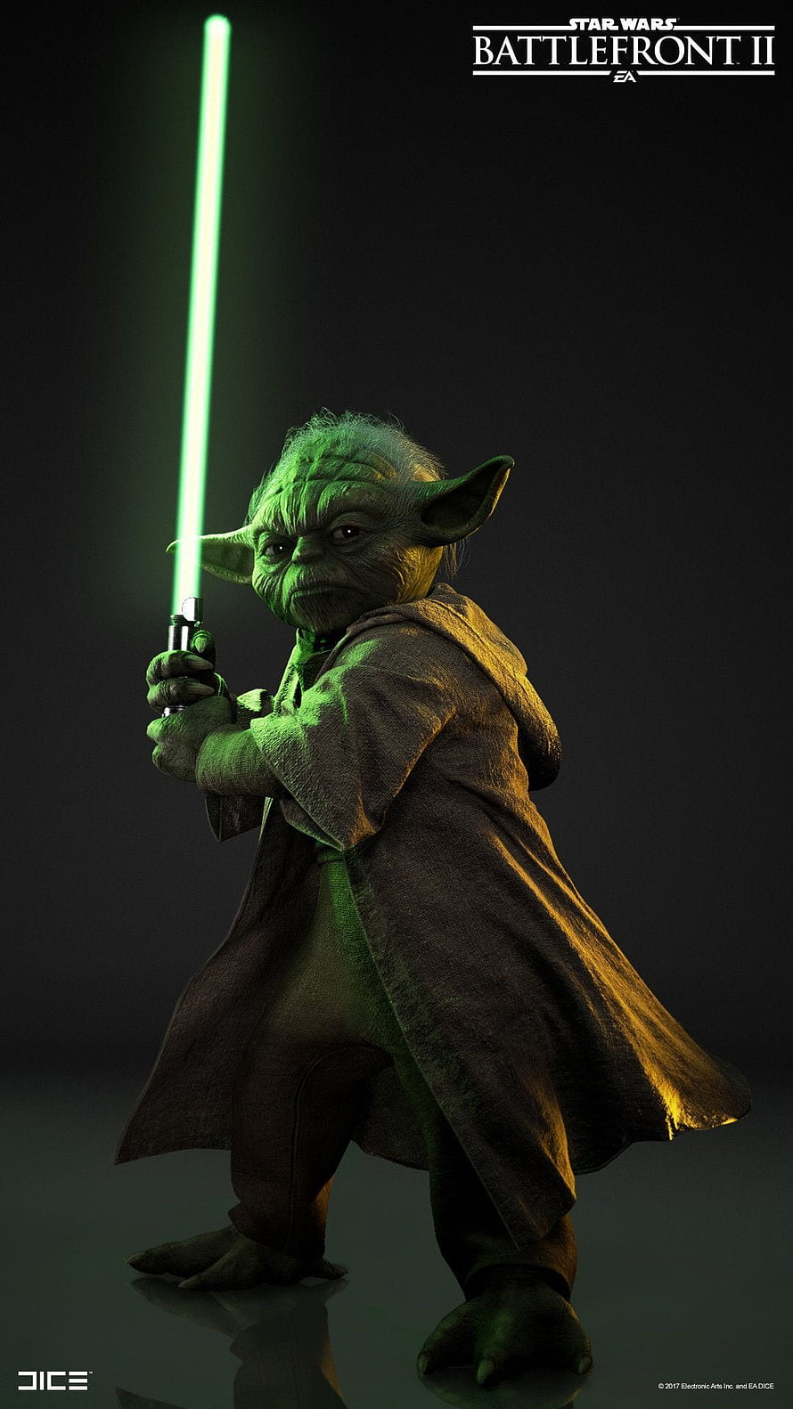 Yoda Holding Green Lightsaber in Star Wars Battlefront II Cinematic Render HD phone wallpaper