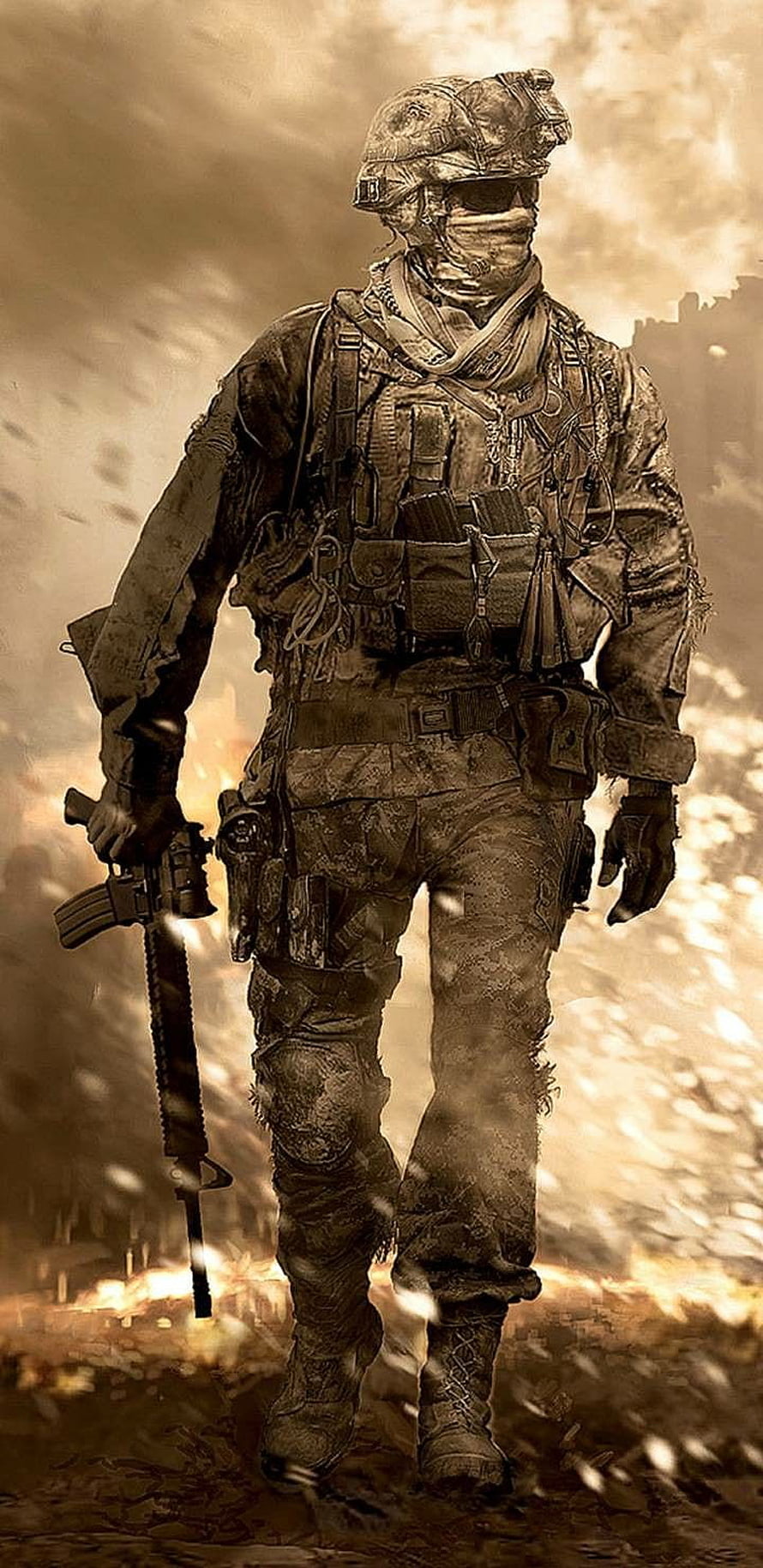 Battle-Scarred Soldier Walking Through Warzone With Assault Rifle HD phone wallpaper