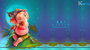 Cute Baby Ganesha Playing Flute on Lotus with Mouse Companion HD wallpaper