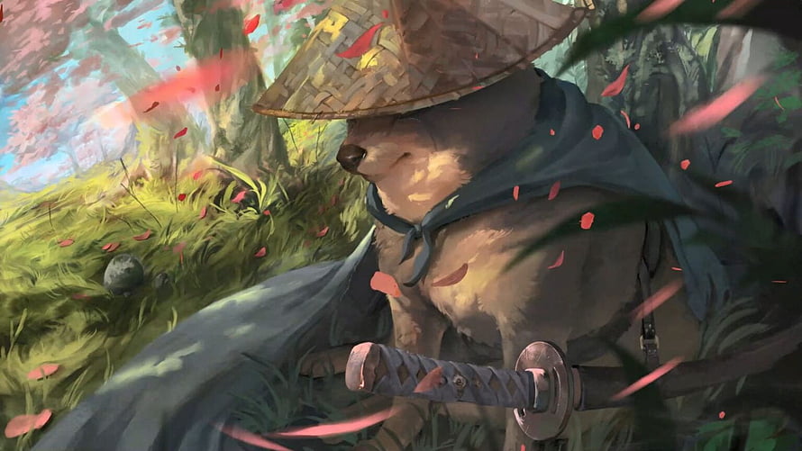Samurai Doge Dog in Traditional Straw Hat and Katana Amidst Cherry Blossoms HD wallpaper
