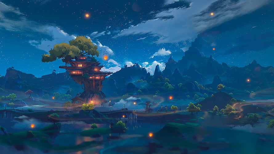 Genshin Impact Lantern Rite Night Scene in Liyue with Floating Treehouse and Glowing Lanterns HD wallpaper