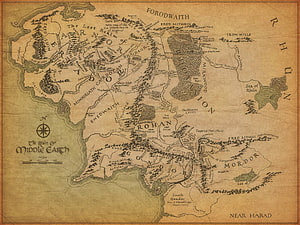 Vintage Parchment Map of Middle Earth Featuring Rohan, Gondor, and Mordor from Lord of the Rings HD wallpaper