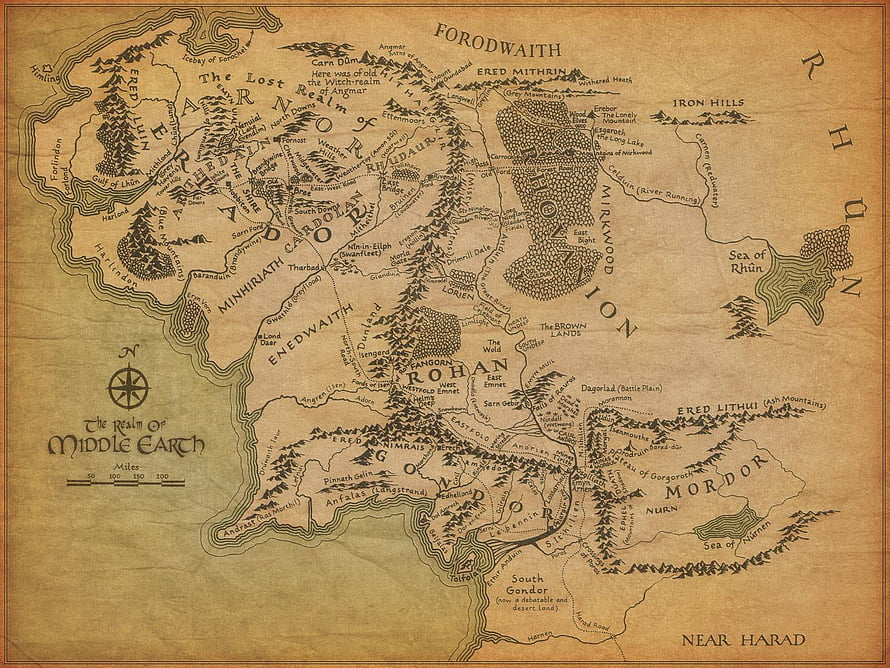 Vintage Parchment Map of Middle Earth Featuring Rohan, Gondor, and Mordor from Lord of the Rings HD wallpaper