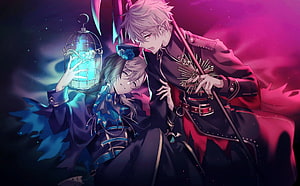 Chronoir and the Blue-Clothed Character in a Dark Fantasy Setting with a Glowing Lantern HD wallpaper